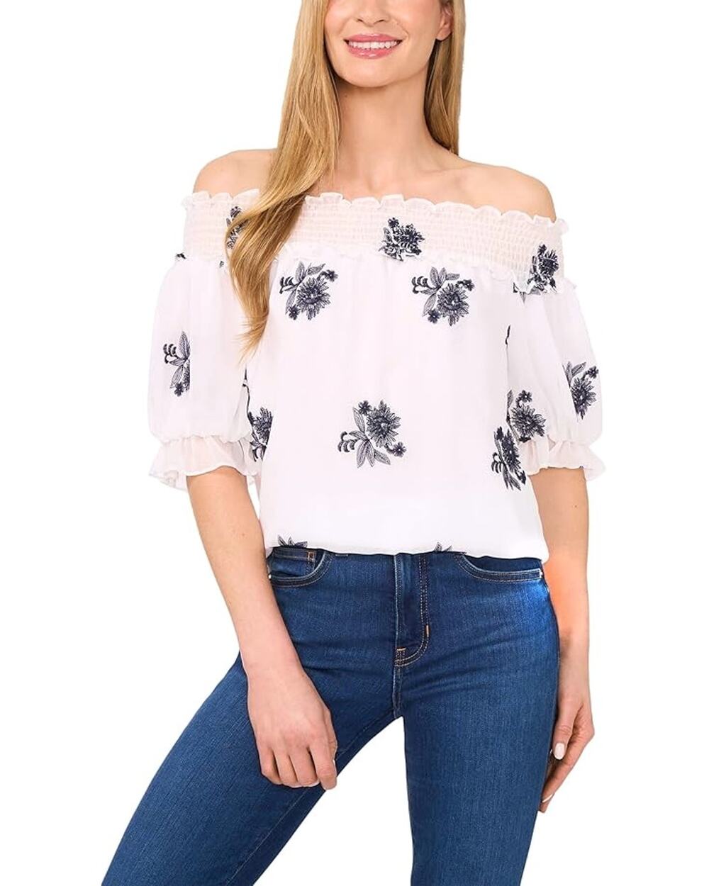 CeCe Women Ultra White Floral Embroidery Off The Shoulder Romantic Blouse Size M